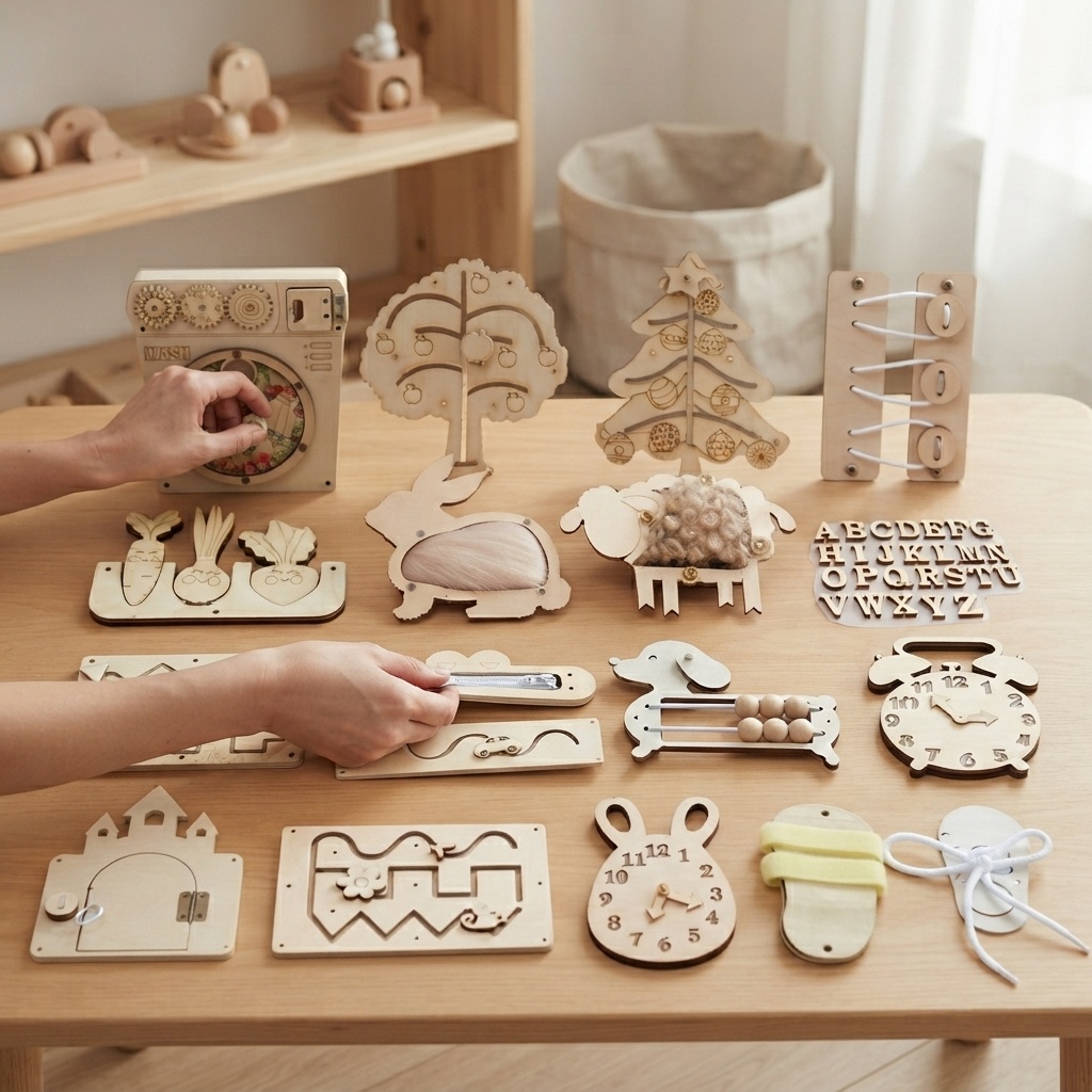 Montessori Wooden Busy Board Toddler - บอร์ดกิจกรรมไม้แบบมอนเตสซอรี่ พร้อมอุปกรณ์เสริมสำหรับทำกุญแจล็อคประตู ของเล่นจับคู่เพื่อการเรียนรู้สำหรับเด็กเล็ก