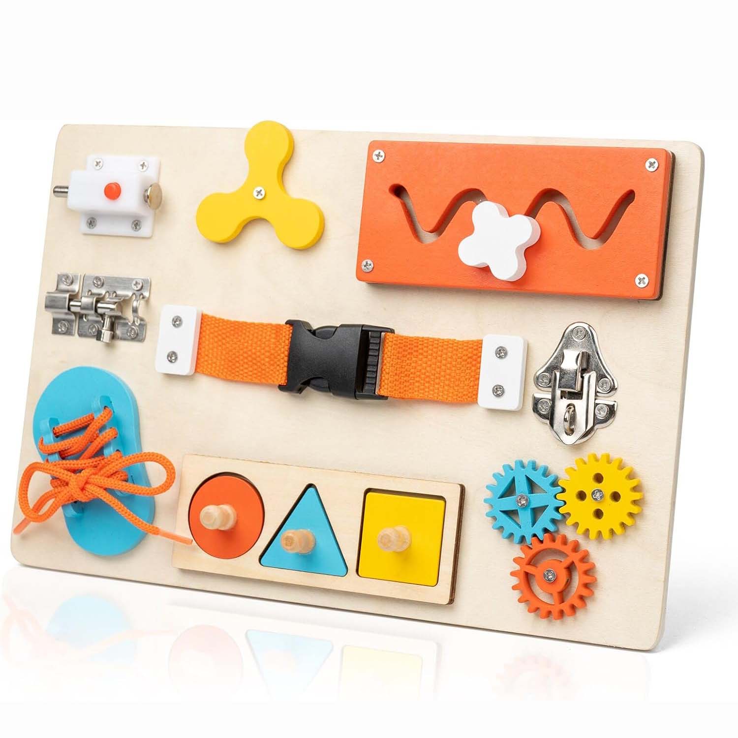 Montessori Wooden Busy Board Toddler - กระดานมอนเตสซอรี่สำหรับเด็กเล็ก กระดานกิจกรรมไม้เสริมพัฒนาการด้านทักษะการเคลื่อนไหว ฝึกทักษะการเรียนรู้สำหรับเด็ก ของเล่นเสริมพัฒนาการสำหรับเดินทาง